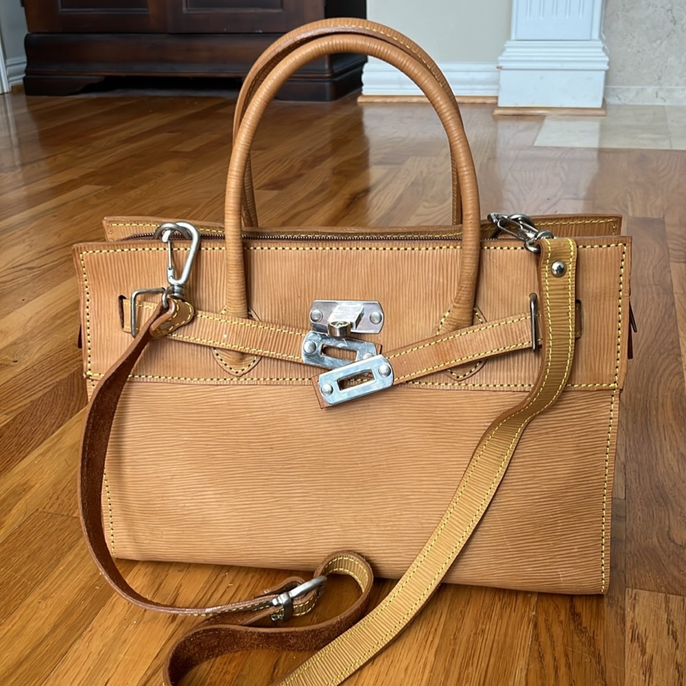 Designer Inspired genuine leather satchel in camel
